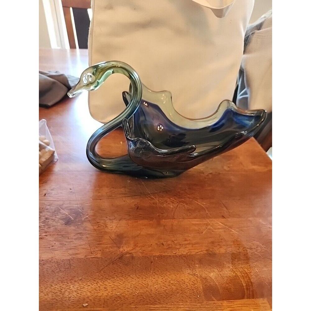Swan Swirl Bowl/Dish Centerpiece Vintage Blue/Orange Art Glass Large